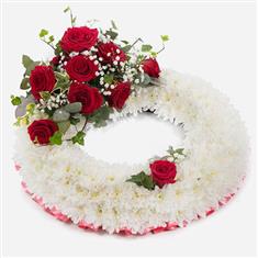 White Massed Wreath With Red Rose Spray
