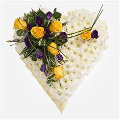 White Massed Heart With Yellow and Purple Spray